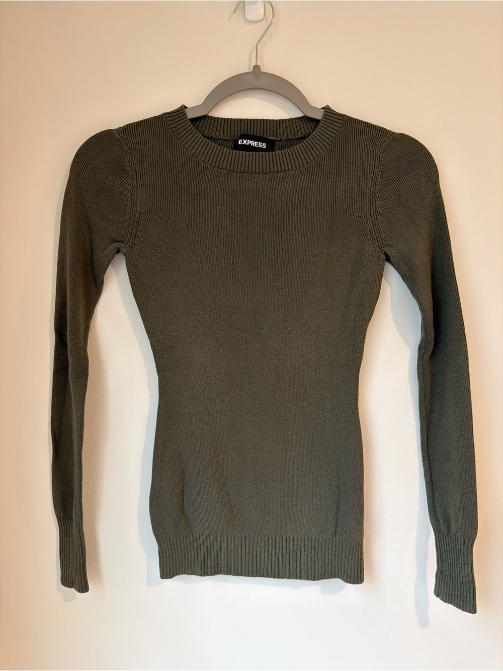 Express Olive Green Ribbed Crewneck Sweater